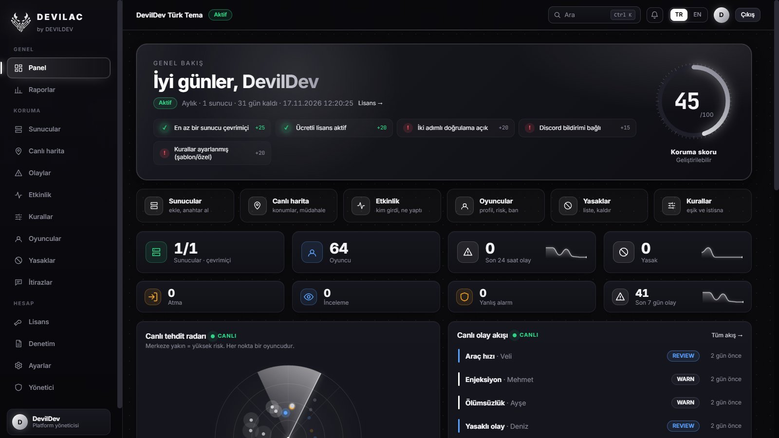 DEVILAC web yönetim paneli ana sayfası